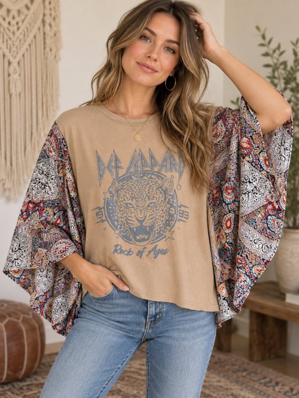 Def Leppard Rock of Ages Band Tee Graphic Paisley Bell Sleeve Boho Poncho Top
